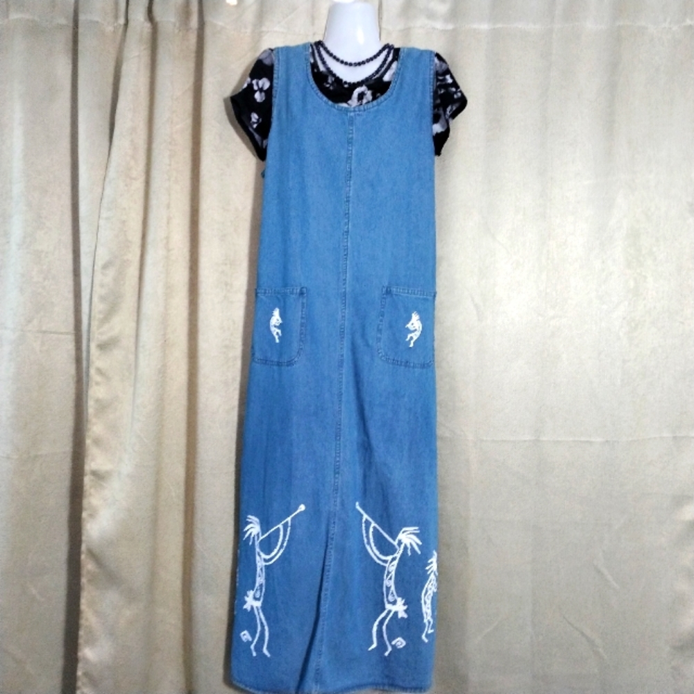 My Choice Vintage 90's Denim Maxi Jumper Dress With Tribal Figures Size …